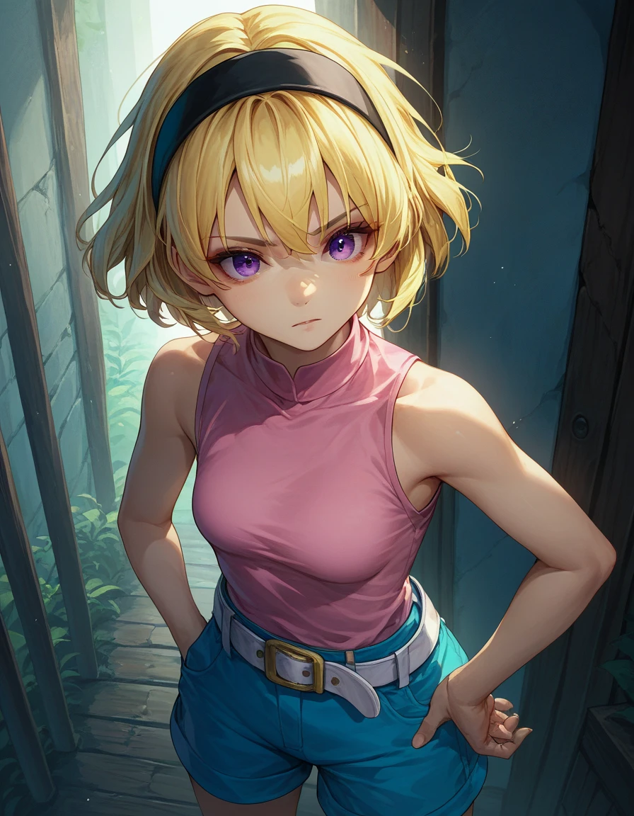 score_9,  score_8_up,  score_7_up, Directions_Satoko,  1 girl,  shorts, Blonde, Alone,  headband,  shirt,  Sleeveless, blue  shorts,  short hair, belt, pink  shirt,   purple eyes,  Sleeveless  shirt, black  headband, bangs, Bare shoulders, white belt,  small breasts,