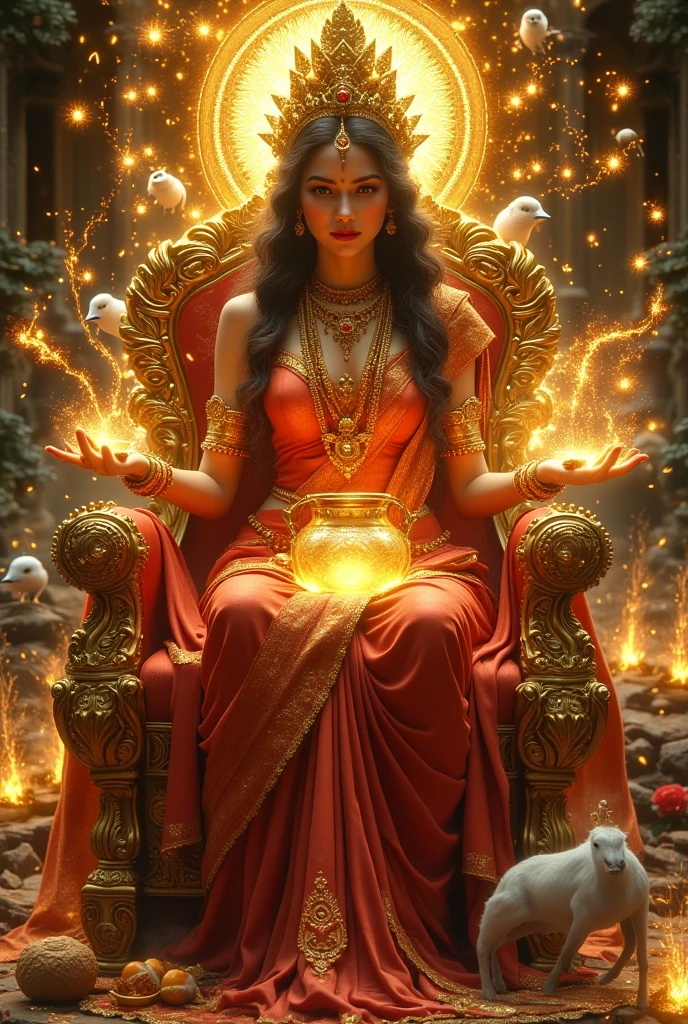 Create an intricate, hyper-realistic surreal illustration of the benevolent Indian goddess Annapurna, the embodiment of food, nourishment, and sustenance. Depict her seated gracefully on a golden throne adorned with intricate carvings of lotus and grain patterns. Her skin glows with a warm, radiant light, symbolizing the life-giving energy of the earth. She wears a vibrant red saree with golden borders that shimmer like the first rays of dawn, exuding warmth and abundance.

In her right hand, she holds a golden ladle, brimming with grains of rice that glow like tiny pearls, and in her left hand, a sacred pot overflowing with luminous food that represents divine nourishment. Adorn her with delicate gold jewelry inlaid with emeralds and rubies, and a crown crafted from golden sheaves of wheat and blooming lotuses.

The backdrop features a lush, fertile landscape with fields of ripened crops, flowing rivers of milk and honey, and trees heavy with fruit. Rays of golden light cascade around her, blending with ethereal wisps of smoke rising from offerings placed at her feet. Birds, cows, and other symbols of fertility and prosperity surround her, enhancing the sense of abundance.

Incorporate soft, swirling patterns of light and glowing mandalas to evoke a sacred and serene atmosphere. Let her compassionate eyes and gentle smile convey her eternal promise to nourish and protect all who seek her blessings.