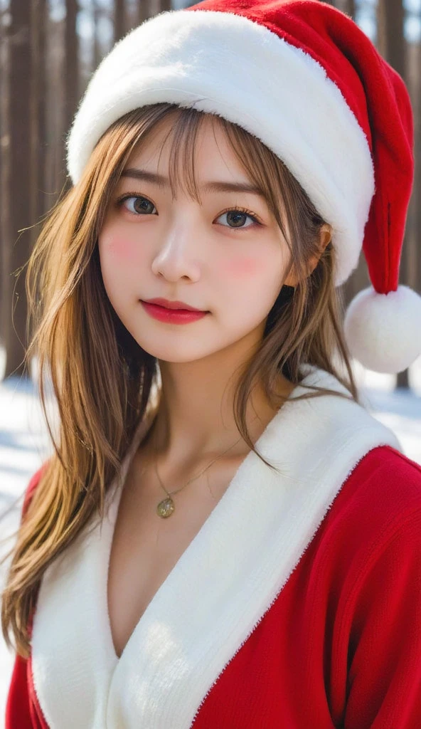 (Christmas Theme), winter, Snow, Santa woman，conservative attire，with a Santa hat，blue crane，Wearing a red and white Santa  dress，Upper body close-up，Close-up photos，jewelry，Visions of heaven and earth，Magic crystal ball，The background is the Milky Way，solar system, Lighitnig, smile, (Big breasts),  open your mouth slightly,  glitter effect ,  lens flare, solo,  open her mouth , Blonde,  Rainbow Hair , 