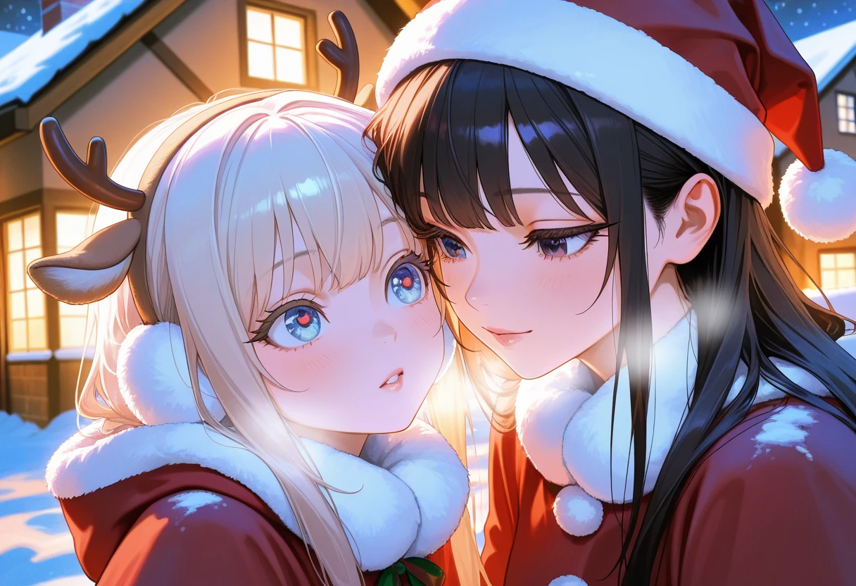 Christmas,Snowy landscape in winter,beautiful ilumination,Santa Claus in a voluminous luxurious dress,Silvery hair,Blue eyes,There are a lot of ornaments and gifts around,Happy smile,Wear sheer clothes、The air was also transparent.,Multiple men,SEX,I'm flirting with a body that is in close contact,Drooling and happy expression,red tide,Kiss Face