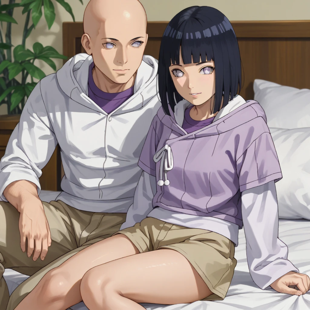 HinataBoruto, 1girl, hyuuga hinata, short hair, black hair, hood down, blunt bangs, purple eyes, short over long sleeves, layered sleeves, skirt, shorts, hoodie, bed, purple shirt, perfect body, perfect Hips, beautiful legs, sexy legs. 1boy, bald_boy, size_difference, bigger male, smaller female, cheating, cuckold, ntr, sitting on side, 