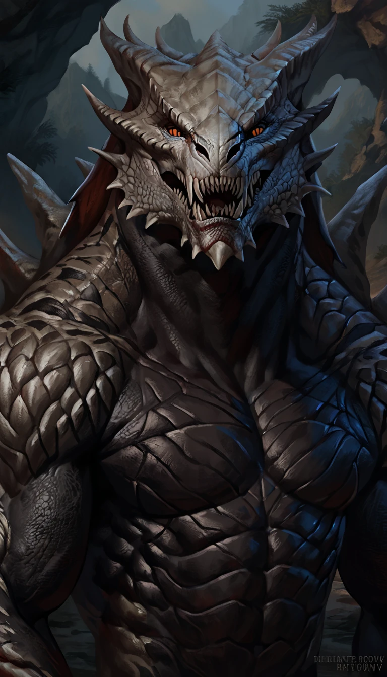 dragonborn lizardfolk, anthro dragon lizard, solo, portrait, scalie, detailed scales, thedarkurge, experienced predator, dragonic, monster, mercenary, grin, open mouth, black scaly body, matte body, toned, muscular anthro, big muscles, scars on body, 1male solo, anthro, muscular, thick neck, thick tail, skull head, marked jaw, underground cave city background, darkness, horror, best quality, 4k, ultra-detailed, by laobai, by taran fiddler, by honovy