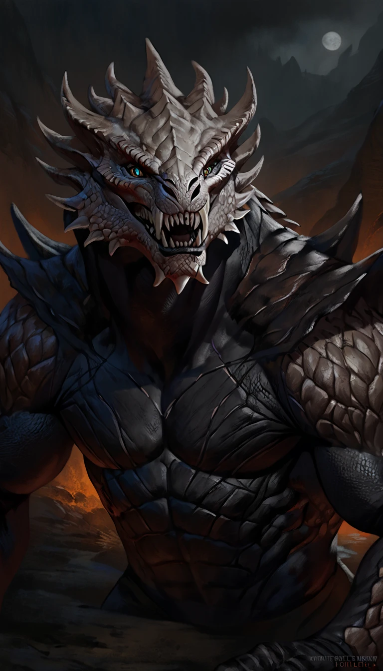 dragonborn lizardfolk, anthro dragon lizard, solo, portrait, scalie, detailed scales, thedarkurge, experienced predator, dragonic, monster, mercenary, grin, open mouth, black scaly body, matte body, toned, muscular anthro, big muscles, scars on body, 1male solo, anthro, muscular, thick neck, thick tail, skull head, marked jaw, underground cave city background, darkness, horror, best quality, 4k, ultra-detailed, by laobai, by taran fiddler, by honovy