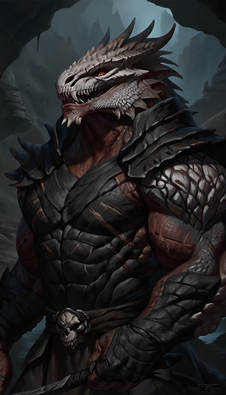 dragonborn lizardfolk, anthro dragon lizard, solo, portrait, scalie, detailed scales, thedarkurge, experienced predator, dragonic, monster, mercenary, grin, open mouth, black scaly body, matte body, toned, muscular anthro, big muscles, scars on body, 1male solo, anthro, muscular, thick neck, thick tail, skull head, marked jaw, underground cave city background, darkness, horror, best quality, 4k, ultra-detailed, by laobai, by taran fiddler, by honovy