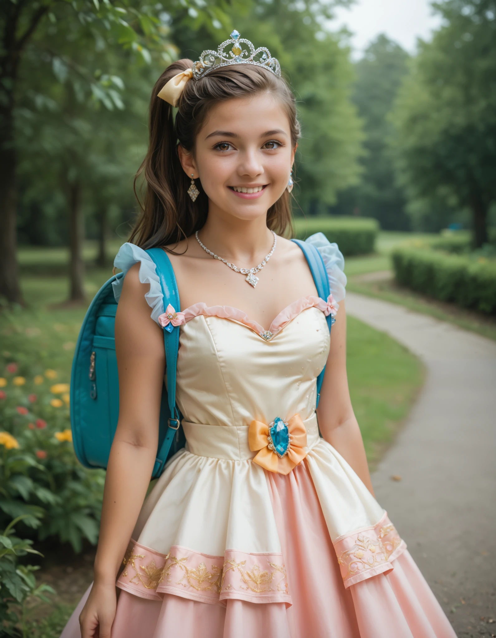 masterpiece, best quality, highres, 1girl, long hair, one side up, solo, ponytail, brown hair, long hair, hair ribbon, brown eyes, mole under eye, cowboy shot,princess dress, princess Costume, colorful princess dress, wearing Tiara, luxury dress,bowtie, smile, frilled dress, tiara, necklace, earrings, luxury jewelry, wearing randoseru backpack,  standing, outdoor, looking at viewer 