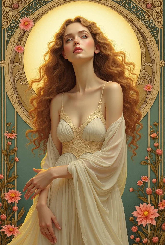 original painting in the Art Nouveau style Face and Hair:  Porcelain Skin , slightly pink cheeks, eyes closed as if at peace. His hair is long, and copper-colored, flowing softly to the side, with small golden leaves and peach blossoms between the threads.

Adornos: She wears a necklace with a moon-shaped medallion crescent, studded with turquoise stones. Long earrings shaped like drops, also bluish, with wavy golden arabesques.

Vestido: a flowing dress ,  inspired by ancient Greece , with transparent sleeves and floral details embroidered in gold. The colors of palette The clothes revolve between shades of cream, mint green and soft gold.

Fundo: Behind her is a large decorative disc (like a halo ) in aged gold, filled with floral patterns intertwined with lunar symbols. The background itself has a slight gradient between light green and sky blue, with brushstrokes simulating leaves or breezes.