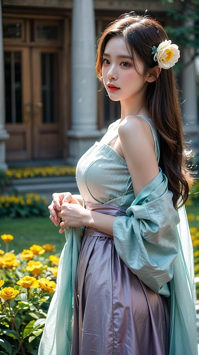 Realistic image of 2 Chinese princesses, straight, long-haired women wearing Hanfu, hanfu, long shoulders, ((Pintong gold flower metal hair ornaments )) with high hair, in a palace with flowers, looking at the camera, holding a long white cloth, a large amount of fabric, flickering, windblown leaflets, the first to wear A light purple dress The second wore a light green dress. Both looked at the camera, flower field, flowers, (fog cinematic masterpiece)