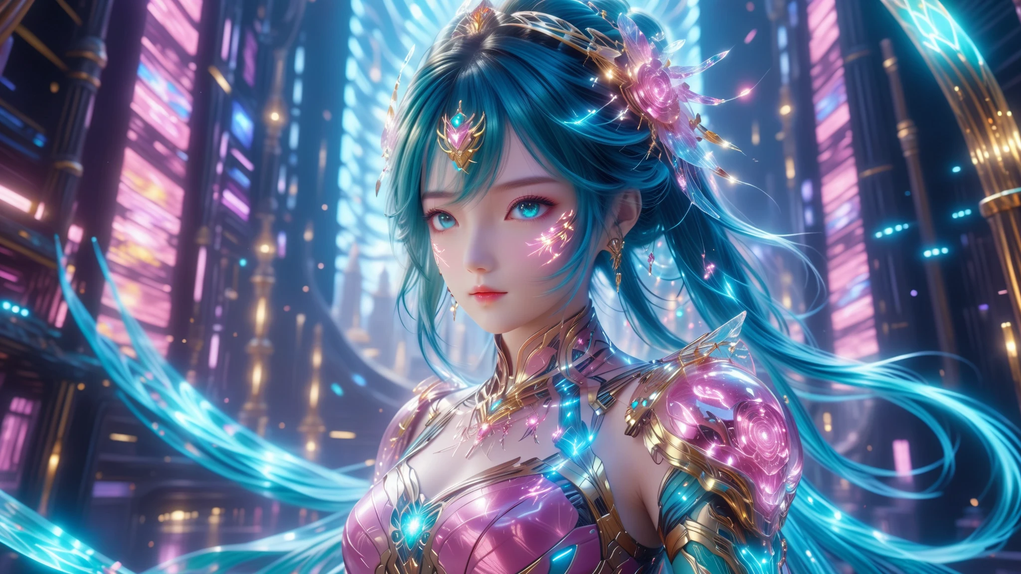 A Masterpiece In 32K Resolution, Supreme Quality, Super Detail, Official Art, Very High-Resolution 32K Wallpaper, Beautiful And Aesthetic, Ultra-Detailed Features, Awe-Inspiring Detail. A Stunning Anime Magical Girl In The Midst Of A Transformation Sequence, With Futuristic Tech-Based Armor Forming Around Her. The Scene Features Vibrant Glow Effects In Pink, Gold, And Teal, Floating Digital Particles Surrounding Her, And A Futuristic Laboratory Background With Holographic Screens.