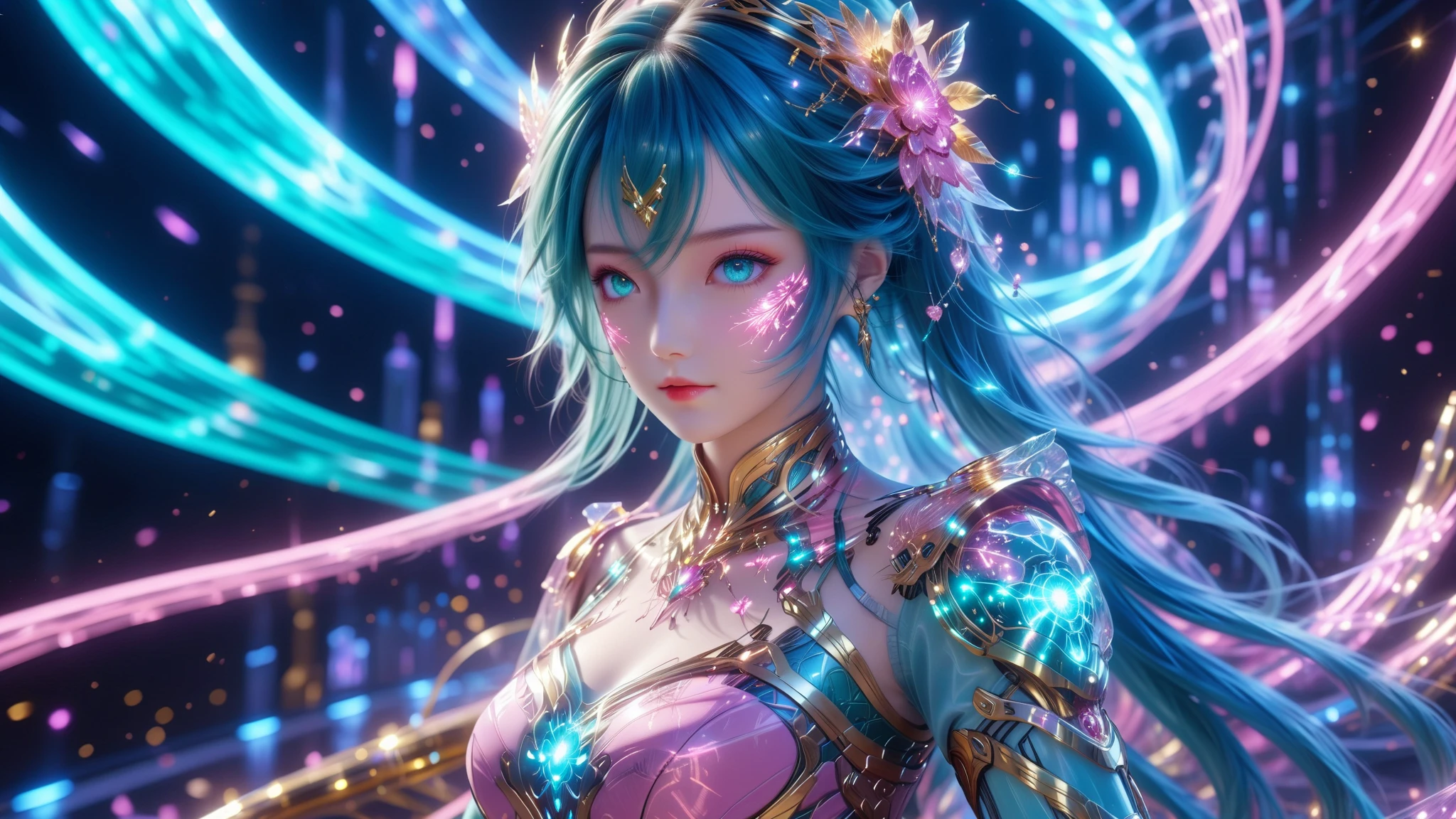 A Masterpiece In 32K Resolution, Supreme Quality, Super Detail, Official Art, Very High-Resolution 32K Wallpaper, Beautiful And Aesthetic, Ultra-Detailed Features, Awe-Inspiring Detail. A Stunning Anime Magical Girl In The Midst Of A Transformation Sequence, With Futuristic Tech-Based Armor Forming Around Her. The Scene Features Vibrant Glow Effects In Pink, Gold, And Teal, Floating Digital Particles Surrounding Her, And A Futuristic Laboratory Background With Holographic Screens.