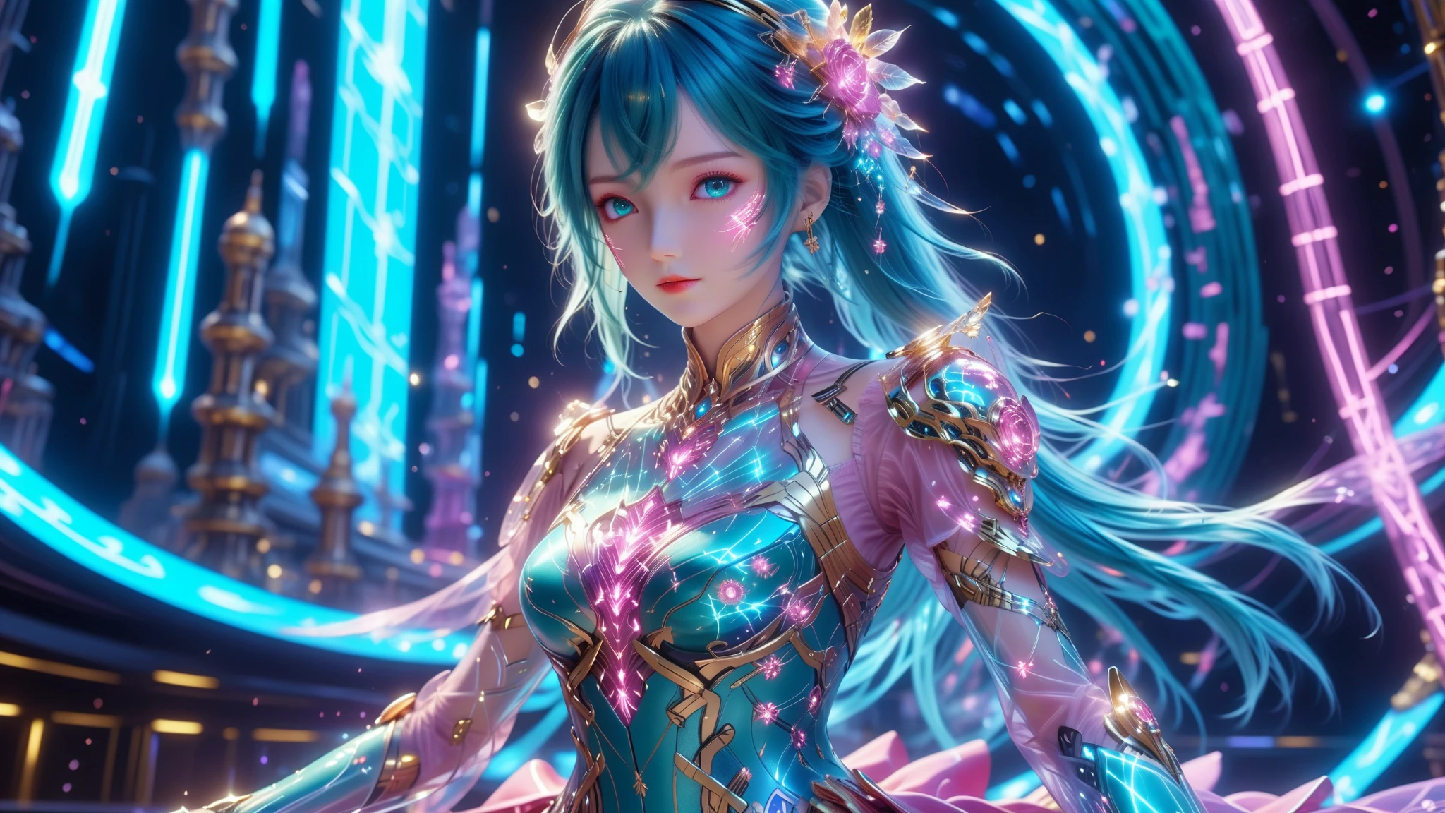 A Masterpiece In 32K Resolution, Supreme Quality, Super Detail, Official Art, Very High-Resolution 32K Wallpaper, Beautiful And Aesthetic, Ultra-Detailed Features, Awe-Inspiring Detail. A Stunning Anime Magical Girl In The Midst Of A Transformation Sequence, With Futuristic Tech-Based Armor Forming Around Her. The Scene Features Vibrant Glow Effects In Pink, Gold, And Teal, Floating Digital Particles Surrounding Her, And A Futuristic Laboratory Background With Holographic Screens.