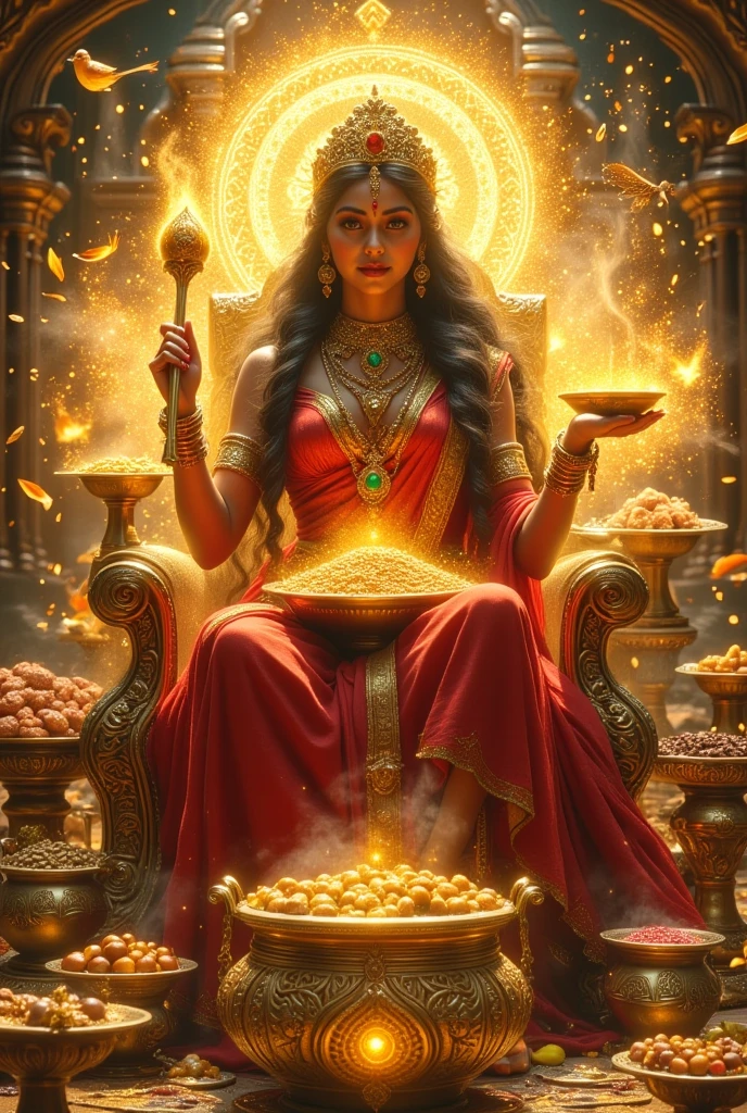 Create an intricate, hyper-realistic surreal illustration of the benevolent Indian goddess Annapurna, the embodiment of food, nourishment, and sustenance. Depict her seated gracefully on a golden throne adorned with intricate carvings of lotus and grain patterns, surrounded by an overflowing bounty of food. Her radiant skin glows with a warm, golden light, symbolizing the life-giving energy of the earth. She wears a vibrant red saree with golden borders that shimmer like the first rays of dawn, exuding warmth and abundance.

Place a massive golden pot overflowing with rice, lentils, fruits, and grains at her feet, with additional vessels spilling over with rich, vibrant curries, steaming bread, golden ghee, and sweetmeats. In her right hand, she holds a sacred ladle, brimming with luminous grains that seem to float mid-air as if blessing the viewer with eternal sustenance. In her left hand, she cradles an ornate pot radiating divine energy, spilling with milk and honey that pools around her feet, forming streams of abundance.

Adorn her with delicate gold jewelry inlaid with emeralds and rubies, and a crown crafted from golden sheaves of wheat and blooming lotuses. The backdrop features a lush, fertile landscape with ripened crops, orchards of fruit trees, and fields of grain swaying gently in a golden breeze. The skies above her glow with soft hues of sunrise, symbolizing hope and renewal.

Surround her with an atmosphere of abundance: platters of delicacies arranged in concentric circles around her throne, glowing with divine light. Birds and animals gather near her feet, drawn by the promise of nourishment. Swirling patterns of light and glowing mandalas frame her figure, creating a serene yet vibrant atmosphere that celebrates the blessings of food and life. Let her compassionate eyes and gentle smile radiate her eternal promise to feed and sustain all who seek her grace.

