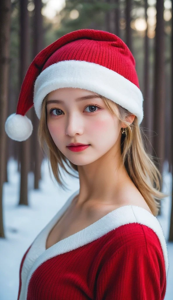 (Christmas Theme), winter, Snow, Santa woman，conservative attire，with a Santa hat，blue crane，Wearing a red and white Santa  dress，Upper body close-up，Close-up photos，jewelry，Visions of heaven and earth，Magic crystal ball，The background is the Milky Way，solar system, Lighitnig, (smile), (Big breasts),  open your mouth slightly,  glitter effect ,  lens flare, solo,  open her mouth , Blonde,  長い髪, 