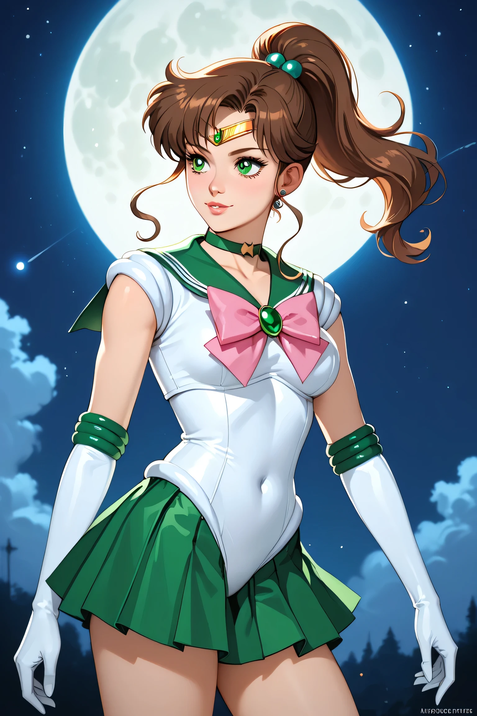 masterpiece, best quality, highres, hmjupiter, green eyes, ponytail, tiara, jewelry, sailor senshi uniform, green sailor collar, choker, elbow gloves, white gloves, pink bow, brooch, leotard, green skirt, cowboy shot, standing, night, moon, smile