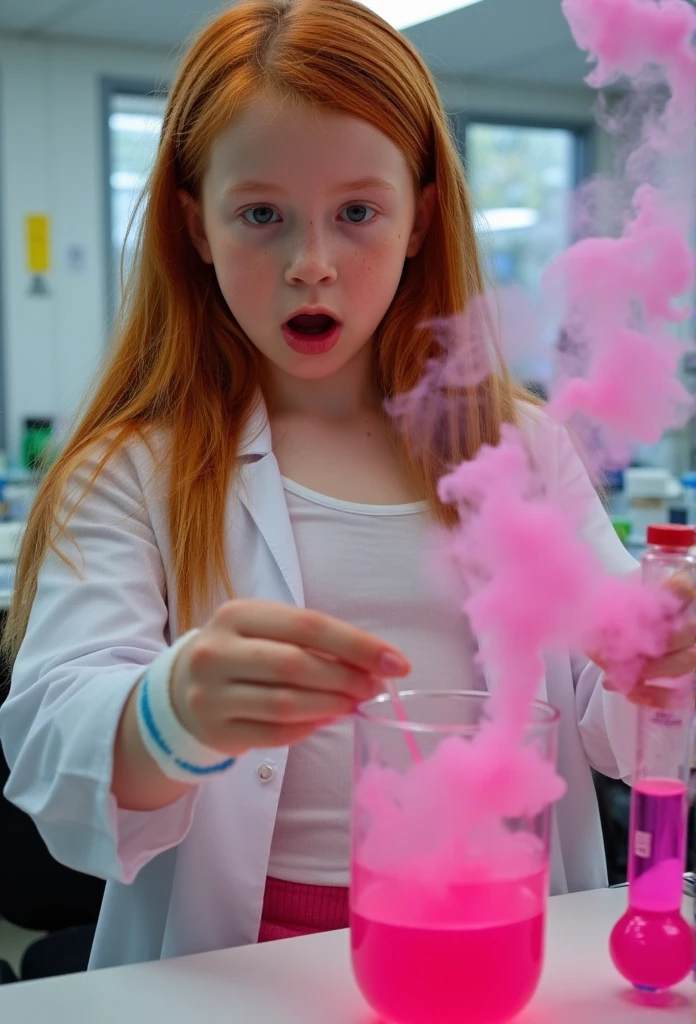 Photograph, Pre teen ginger girl with long hair and freckles is mixing pink liquids in a lab, wearing a tank top and labcoat, pink smoke coming from the vials, pokies, breasts are swelling, shocked face