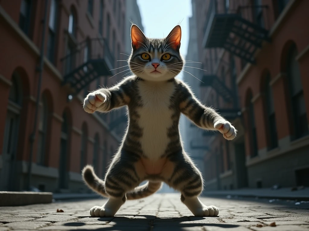 Darcy the cat in a superhero pose, realistic image