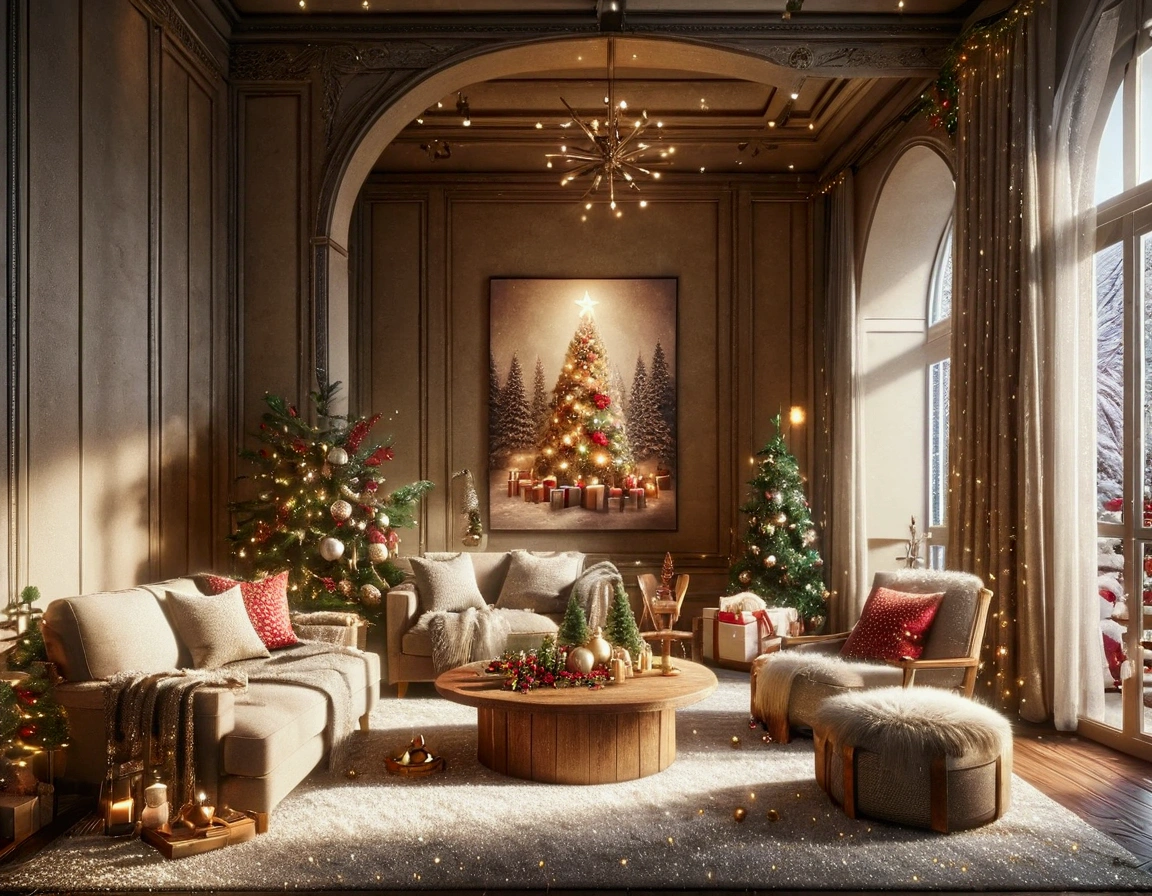  There is a Couch in the Arraffed Living Room , , Coffee Table and Paintings , beige and dark atmosphere, vray 8k rendering,  High Accuracy Rendering with Unreal Engine 5 ,  STUNNING 3D RENDERING ,  rendered in Unreal Engine 5 ドラマチックなシーン, High quality 3D rendering,  high quality 3D rendering , hdr  rendered in Unreal Engine 5 , 8k vray rendering,  rendered in Unreal Engine 5 ,Christmas decorations, Christmas tree, Christmas wreath , christmas gifts, warm atmosphere ,Warm Light,