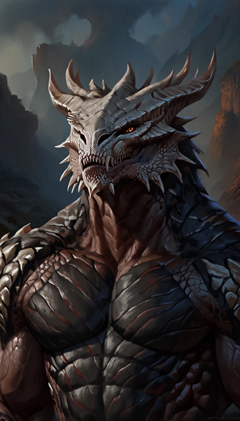 dragonborn lizardfolk, anthro dragon lizard, solo, portrait, scalie, detailed scales, thedarkurge, experienced predator, dragonic, monster, mercenary, grin, open mouth, black scaly body, matte body, toned, muscular anthro, big muscles, scars on body, 1male solo, anthro, muscular, detailed face, thick tail, skull head, marked jaw, underground cave city background, darkness, horror, best quality, 4k, ultra-detailed, by laobai, by taran fiddler, by honovy