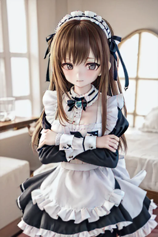 (SFW:2), photorealistic, realistic photo, 8k, Canon EOS, ((highest quality)), ((masterpiece)), (extremely detailed), dd, doll, idol dress, (mature woman, 21yo, 21 years old, solo, bedroom:1.6), (crossed arms, pain, slim, skinny, slender, brown hair, long hair, hair ribbon, bow, maid headpiece, maid costume, maid apron, furrowed brow, brown eyes, glass eyes, shining eyes, detailed face:1.3)