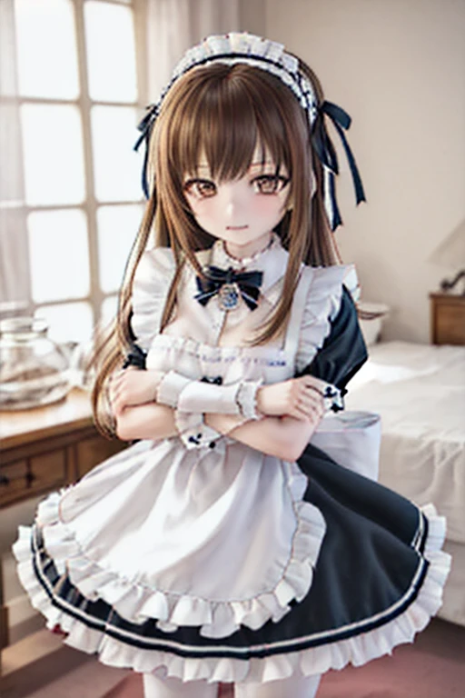 (SFW:2), photorealistic, realistic photo, 8k, Canon EOS, ((highest quality)), ((masterpiece)), (extremely detailed), dd, doll, idol dress, (mature woman, 21yo, 21 years old, solo, bedroom:1.6), (crossed arms, pain, slim, skinny, slender, brown hair, long hair, hair ribbon, bow, maid headpiece, maid costume, maid apron, furrowed brow, brown eyes, glass eyes, shining eyes, detailed face:1.3)