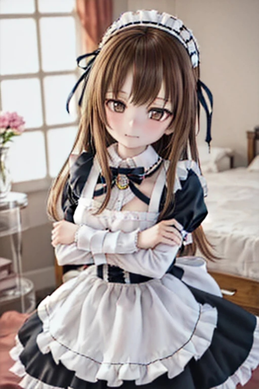 (SFW:2), photorealistic, realistic photo, 8k, Canon EOS, ((highest quality)), ((masterpiece)), (extremely detailed), dd, doll, idol dress, (mature woman, 21yo, 21 years old, solo, bedroom:1.6), (crossed arms, pain, slim, skinny, slender, brown hair, long hair, hair ribbon, bow, maid headpiece, maid costume, maid apron, furrowed brow, brown eyes, glass eyes, shining eyes, detailed face:1.3)