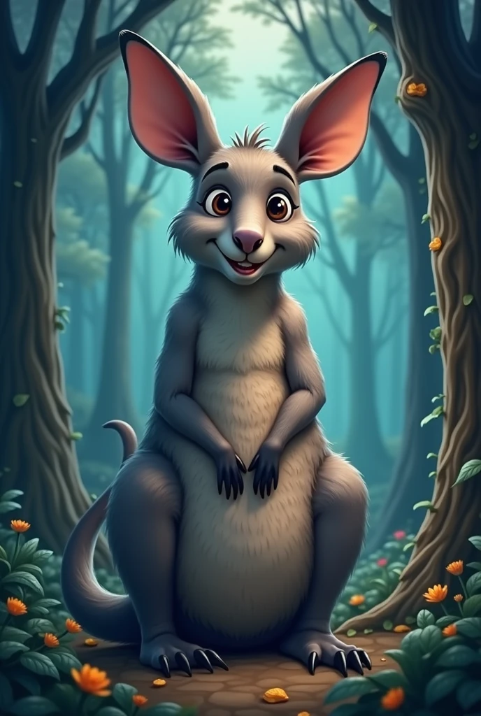 There is a  in the nursery bag of a cartoon giant gray kangaroo in the dark forest
