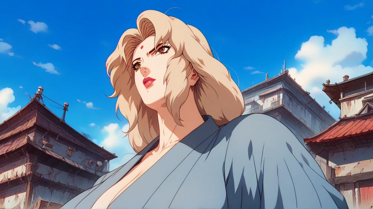 Tsunade,1 woman,Alone,mature,Breasts,large Breasts,Split ,brown eyes,forehead Display ,face_Display , clavicle, Japanese clothing , long hair,mature female,makeup, lips,red nails,BREAK Outdoors, blue sky,Cloudy sky,Old Japanese city,Old town, front shot

