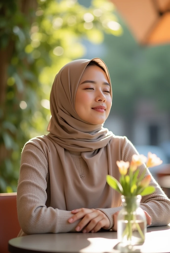 (photorealism:1.2),(Masterpiece),(Highlydetails) Create an image of a young Indonesian woman wearing a hijab and a white traditional dress. She is Smile , She is holding a glass coffe, With table lamp with a burning candle inside, casting a warm glow on her face. The background lanscape is dimly lit, suggesting an evening or night setting, with soft, ambient light highlighting her gentle smile and serene expression." Ultra HD , Nature Shoot, real Photografy