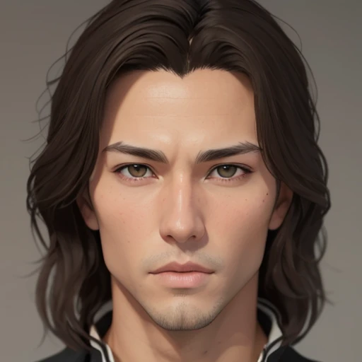   There is a man    ( mature and anorexic )    26 years old , (not handsome),        with long hair and white suit         , asistente hiper        realistic        , sujeto hiper        realistic        , Chico anime      realistic        ,        anime style realism        , estilo de arte anime        realistic        , estilo de arte de anime        realistic        , Estilo anime 3D        realistic        ,        portrait de una chico anime,        artwork in the style of Guweiz       ,       Detailed              portrait de una chico anime, increíble        portrait de rostro de anime . model,       of Asian origin ,  I just saw the spectator        ,        portrait(        realistic        :1.4), (:1.0), Gris eyes ,        squinting eyes      (perfecta, Serious) ,     normal eyes (perfect,Serious),eyelash(perfecta),shirt, thin eyebrows(Perfect),  dyed hair (brown ),   cabello Perfect con  ,       straight hair strands       (perfect), ( secretario professional ), hairstyle type    (Hime, loose), oval and elongated face ,ELONGATED FACE,   triangular chin   , thin face,    slim build   , (      Detailed      , ultra ,,-      Detailed      , high       Detailed      , ultra        realistic        8K CG,        perfect artwork , lyrical), wooden table , flores, Internal,            expression(carefree, Serious) ,       no earning, film, bokeh, professional, 4k,        Dynamic and very detailed lighting      , fotor        realistic        , 8K, raw, rico,      intricate details   , without mustache