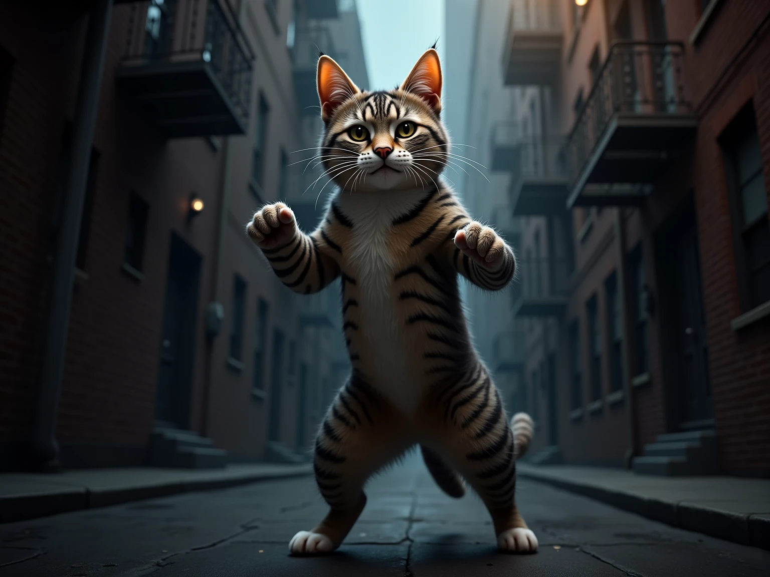 Darcy the cat in a superhero pose, realistic image