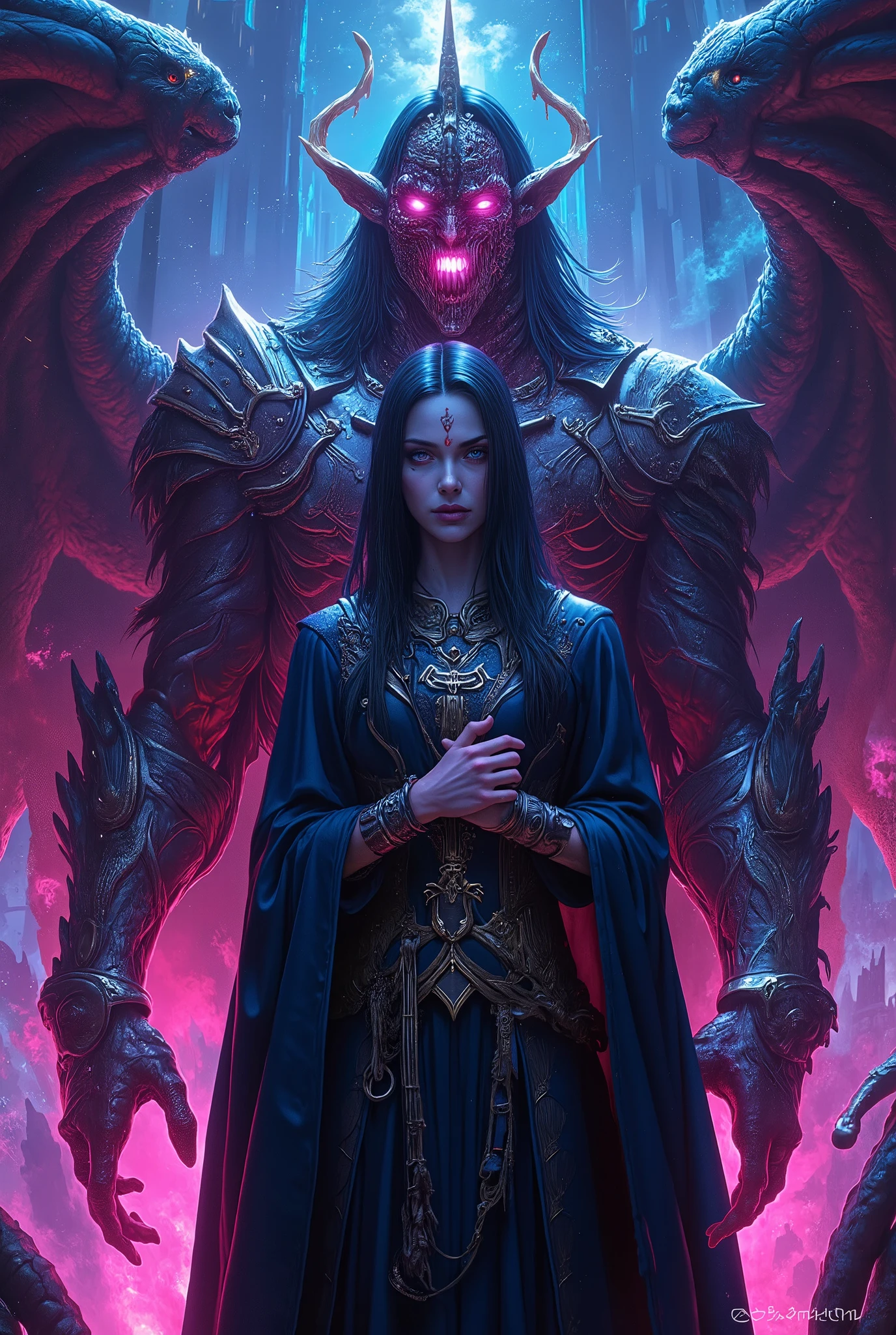 score_9, score_8_up, score_7_up, score_6_up, score_5_up, score_4_up, (best quality,4K,8k,highres,masterpiece:1.2), (super realistic photo:1.6), A neon-colored, mutant Grimm knight, stunning female, (Cthulhu Bishop:1.2), highly detailed, ultra-realistic, 8K, cinematic lighting, dramatic shadows, vibrant neon colors, glowing energy, intricate armor, twisted and distorted features, eldritch horror, dark fantasy, photorealistic