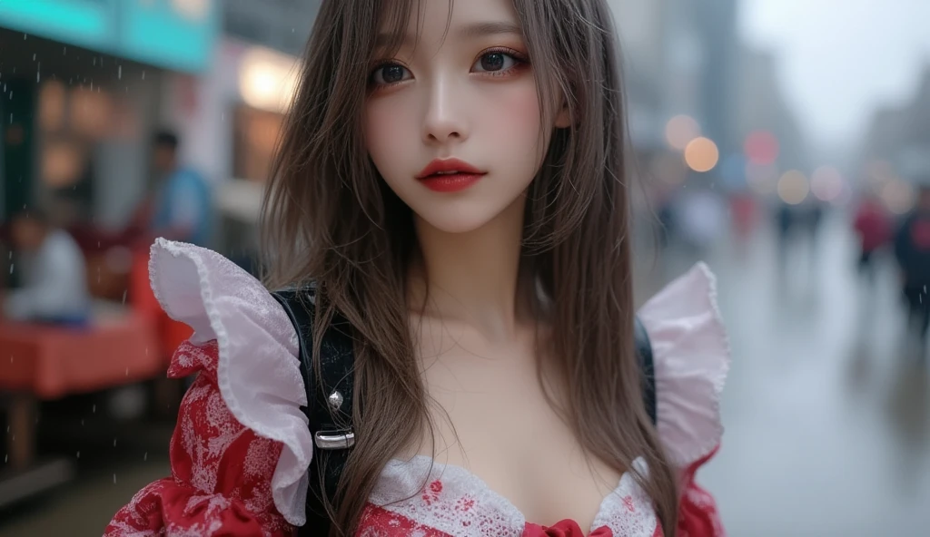 (masterpiece,  best image quality , 8k),  real photo ,Idol appearance,adult,  perfection of fashion,  Korean Makeup, Lip Tint, full body, frontal, faint smile,Outdoor, Exquisitely Painted , Realistic,  ultra high definition, ultra high definition,  smooth skin,  The highly detailed , High quality,  High Details ,  high resolution, out of focus background,female,Standing alone on the street feeling sad in the rain