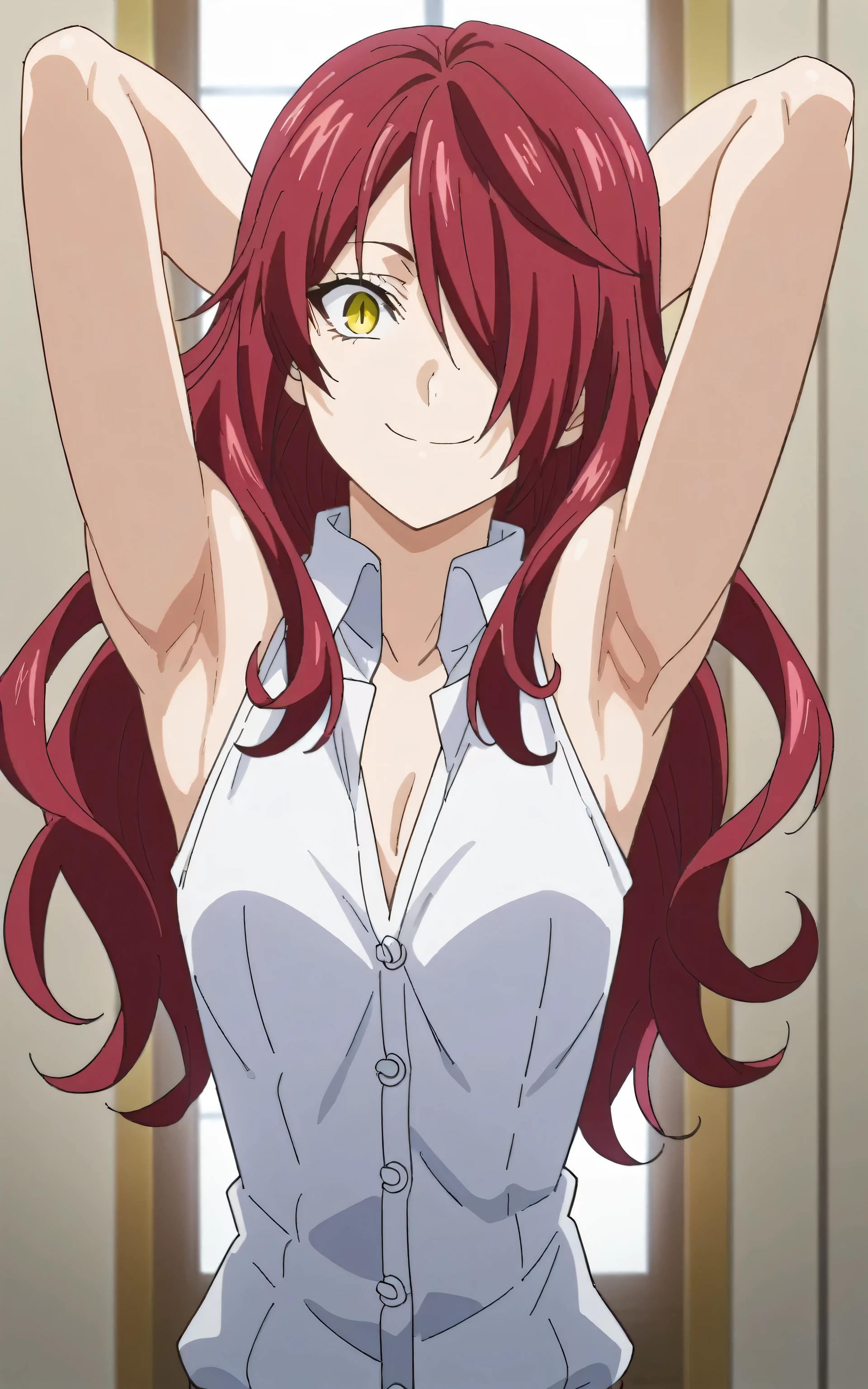 score_9, score_8_up, score_7_up, source_anime, anime screencap, 1girl, solo, kobayashi rindou, long hair, red hair, wavy hair, yellow eyes, hair over one eye, slit pupils, white shirt, collared shirt, sleeveless shirt, open collar, white buttons, bare shoulders, bare arms, arms behind head, armpits, looking at viewer, head towards viewer, smile, closed mouth, badhandv4, indoors 