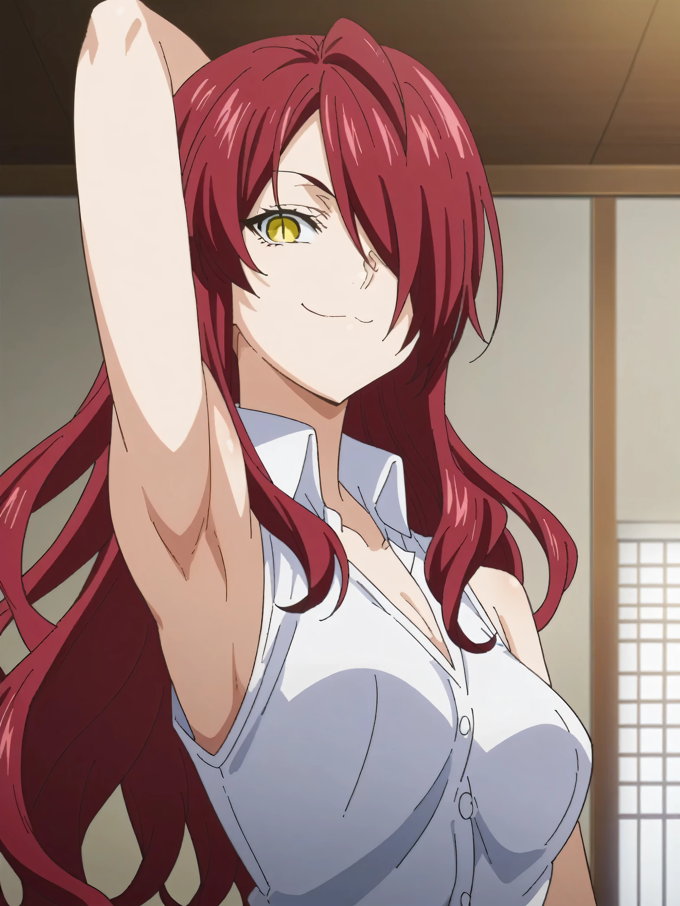 score_9, score_8_up, score_7_up, source_anime, anime screencap, 1girl, solo, kobayashi rindou, long hair, red hair, wavy hair, yellow eyes, hair over one eye, slit pupils, white shirt, collared shirt, sleeveless shirt, open collar, white buttons, bare shoulders, bare arms, arm behind head, armpit, looking at viewer, head towards viewer, smile, closed mouth, badhandv4, indoors, smug, from side, from below 