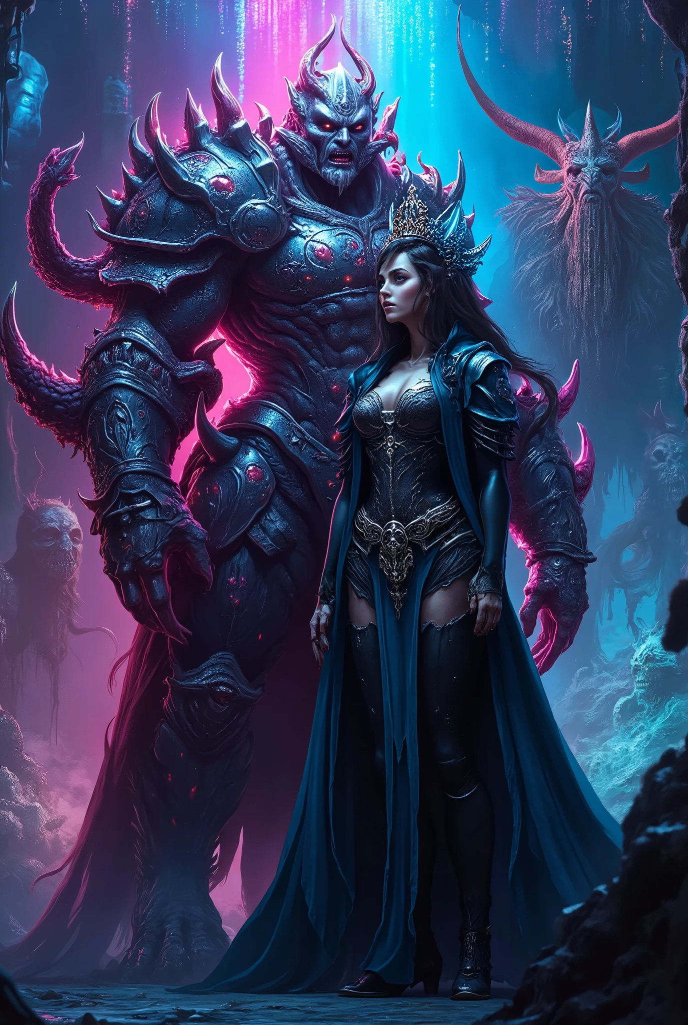 score_9, score_8_up, score_7_up, score_6_up, score_5_up, score_4_up, (best quality,4K,8k,highres,masterpiece:1.2), (super realistic photo:1.6), A neon-colored, mutant Grimm knight, stunning female, (Cthulhu Bishop:1.2), highly detailed, ultra-realistic, 8K, cinematic lighting, dramatic shadows, vibrant neon colors, glowing energy, intricate armor, twisted and distorted features, eldritch horror, dark fantasy, photorealistic