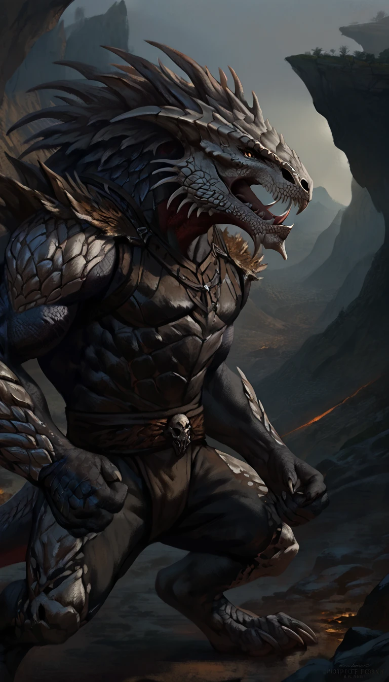 dragonborn lizardfolk, anthro dragon lizard, solo, portrait, scalie, detailed scales, thedarkurge, experienced predator, dragonic, monster, mercenary, open mouth, black scaly body, matte body, toned, muscular anthro, big muscles, 1male solo, anthro, muscular, detailed face, thick tail, skull head, marked jaw, underground cave city background, darkness, horror, best quality, 4k, ultra-detailed, by laobai, by taran fiddler, by honovy