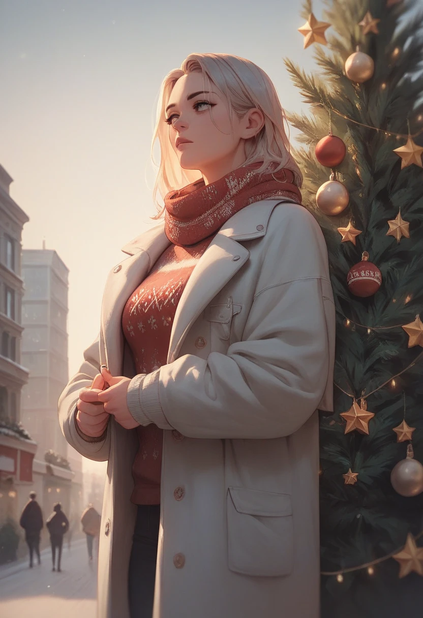 A city approaching Christmas, a woman waiting under a big Christmas tree, a beautiful woman, wearing a coat over a sweater and a stylish scarf, checking her watch to see the time, sophisticated design, 8K quality, animation