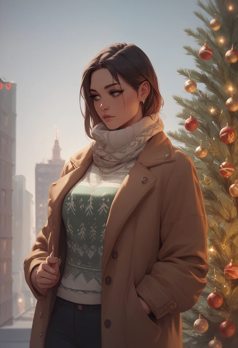 A city approaching Christmas, a woman waiting under a big Christmas tree, a beautiful woman, wearing a coat over a sweater and a stylish scarf, checking her watch to see the time, sophisticated design, 8K quality, animation