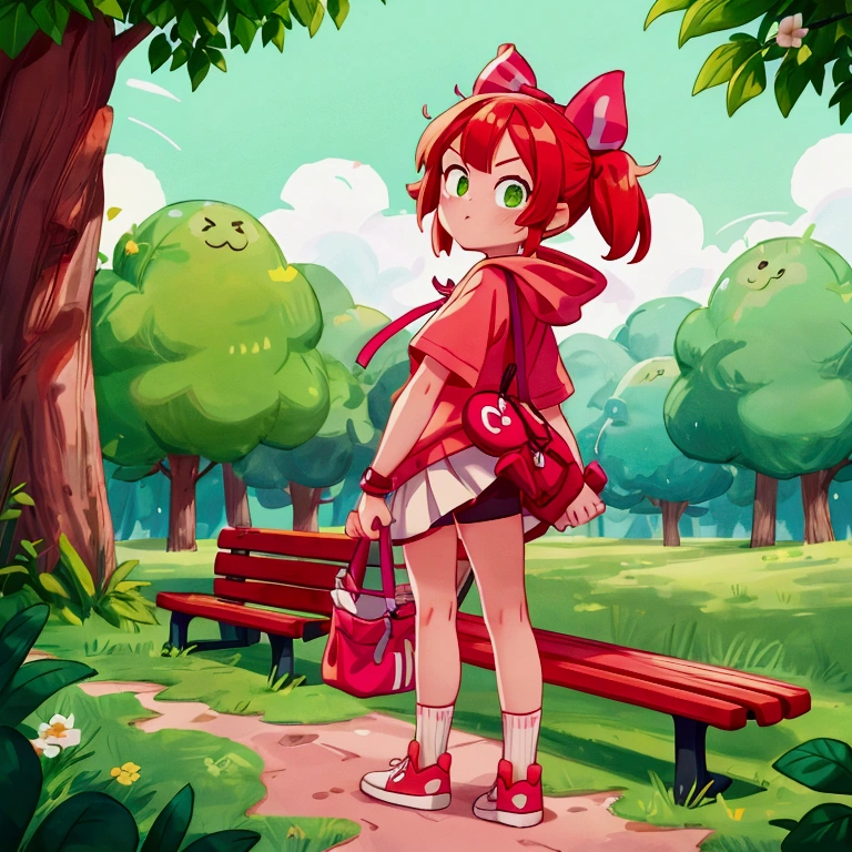 1girl, red hair, twintails, green eyes, hair bow, pink hoodie, short sleeves, wristband, white skirt, bike shorts, socks, sneakers, outdoors, park, bench, standing, pointing at viewer, wink, looking at viewer score_9, score_8_up, score_7_up, score_6_up, score_5_up, score_4_up, BREAK source_anime, masterpiece
INFO
