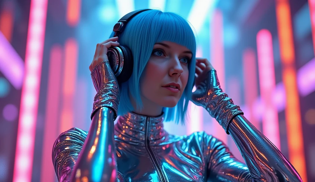 light blue-haired woman in chrome-plated tight-fitting mirror outfit, using headphones, background full of colors which is reflected in the mirror outfit. p0k13s