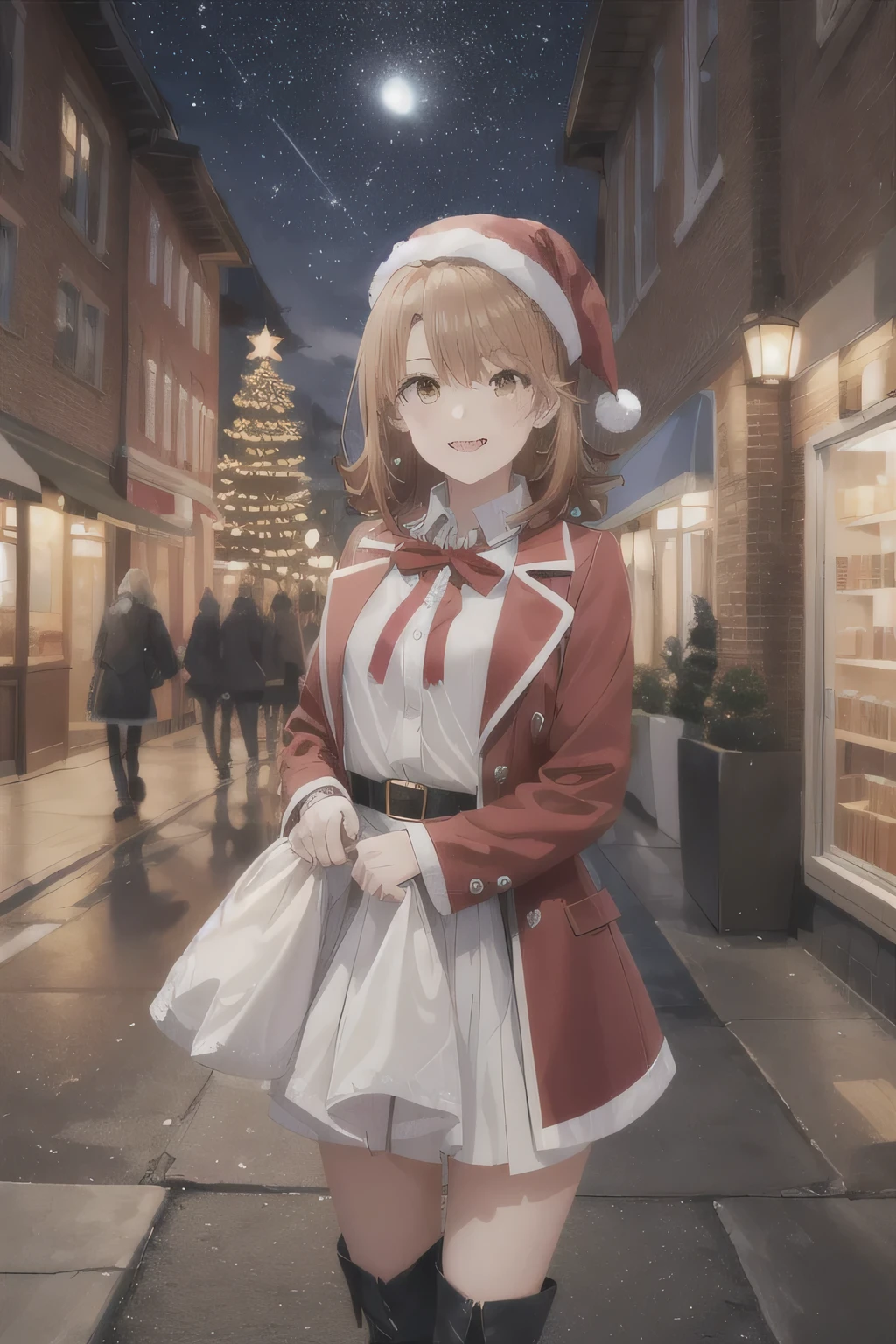 She is dressed in a classic Santa Claus outfit, with a red and white coat, a matching skirt, and black boots, perfectly tailored to her small frame. On her back, she carries a large, white sack filled with presents, the soft fabric of the bag hinting at its generous contents. The The background is a street corner illuminated with Christmas decorations, with the sky transitioning from a warm orange of sunset to the cool blue of night. Snowflakes gently fall, adding to the tranquil winter atmosphere. The girl’s bright and cheerful expression contrasts beautifully with the peaceful surroundings, evoking a sense of warmth and festive joy.  masterpiece,  top quality,  high definition ,  medium hair , smile.