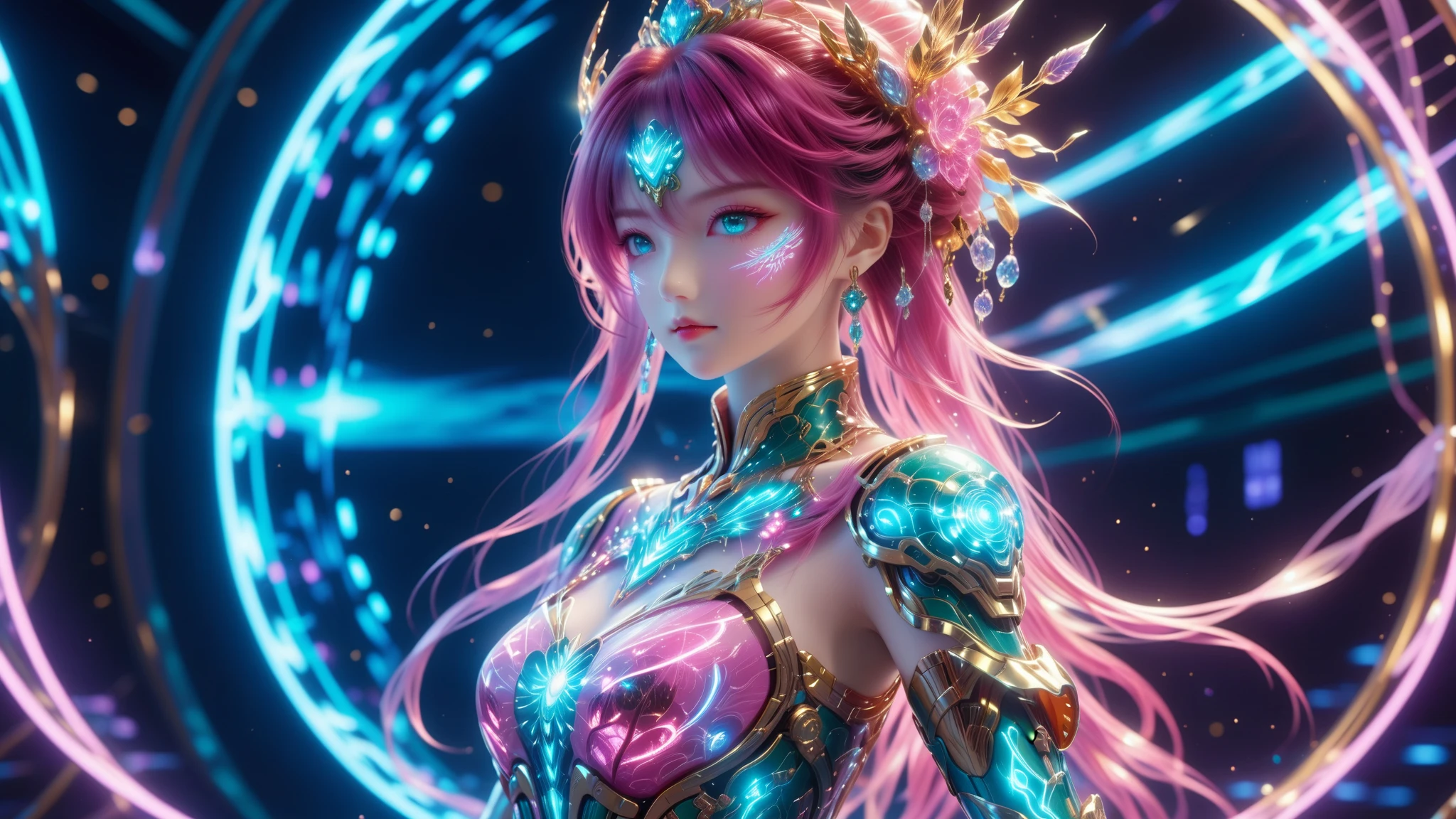 A Masterpiece In 32K Resolution, Supreme Quality, Super Detail, Official Art, Very High-Resolution 32K Wallpaper, Beautiful And Aesthetic, Ultra-Detailed Features, Awe-Inspiring Detail. A Stunning Anime Magical Girl In The Midst Of A Transformation Sequence, With Futuristic Tech-Based Armor Forming Around Her. The Scene Features Vibrant Glow Effects In Pink, Gold, And Teal, Floating Digital Particles Surrounding Her, And A Futuristic Laboratory Background With Holographic Screens.