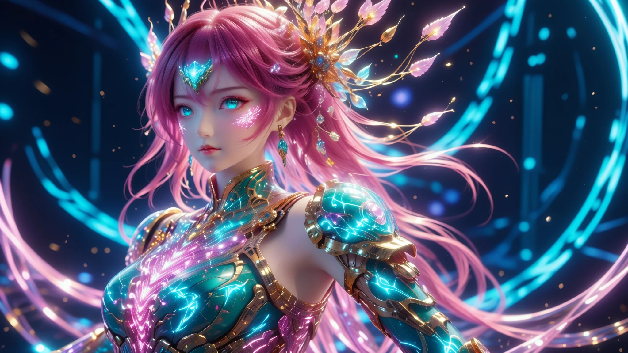 A Masterpiece In 32K Resolution, Supreme Quality, Super Detail, Official Art, Very High-Resolution 32K Wallpaper, Beautiful And Aesthetic, Ultra-Detailed Features, Awe-Inspiring Detail. A Stunning Anime Magical Girl In The Midst Of A Transformation Sequence, With Futuristic Tech-Based Armor Forming Around Her. The Scene Features Vibrant Glow Effects In Pink, Gold, And Teal, Floating Digital Particles Surrounding Her, And A Futuristic Laboratory Background With Holographic Screens.