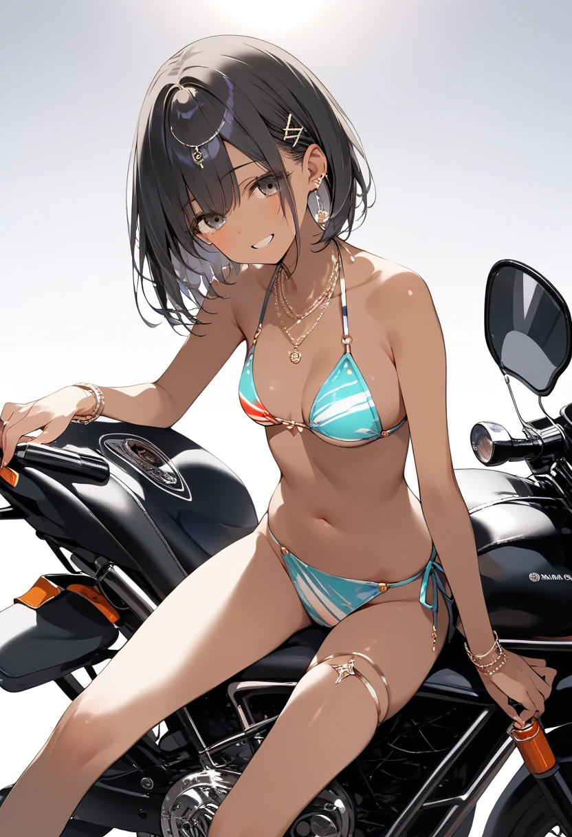 score_9, score_8_up, score_7_up,  source_Anime,  top quality, masterpiece,  Official Art ,  ultra detail ,Wife 2x,  rating :generally, break,(  clear line illustration  :1.2), super detailed skin,(dark skin color ), high definition ,   very aesthetic ,  best sexual writing developed by famous artists, 8k, 16k, Cute photos, beautiful illustration , photoshop_( skindent),best Anime 8k konachan wallpaper,  pixiv contest winning work,from front,leaning forward, smiling face ,asymmetrical short-hair, (small-breast:1.5), (bikini),(sitting on the motorbike:1.5),grabing the handle,(beachside:1.5),motorbike