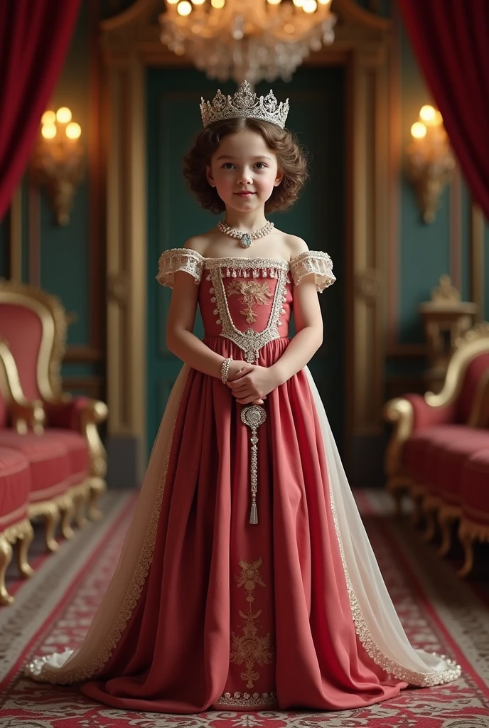 Little princess 5 years old in a ball gown near the throne