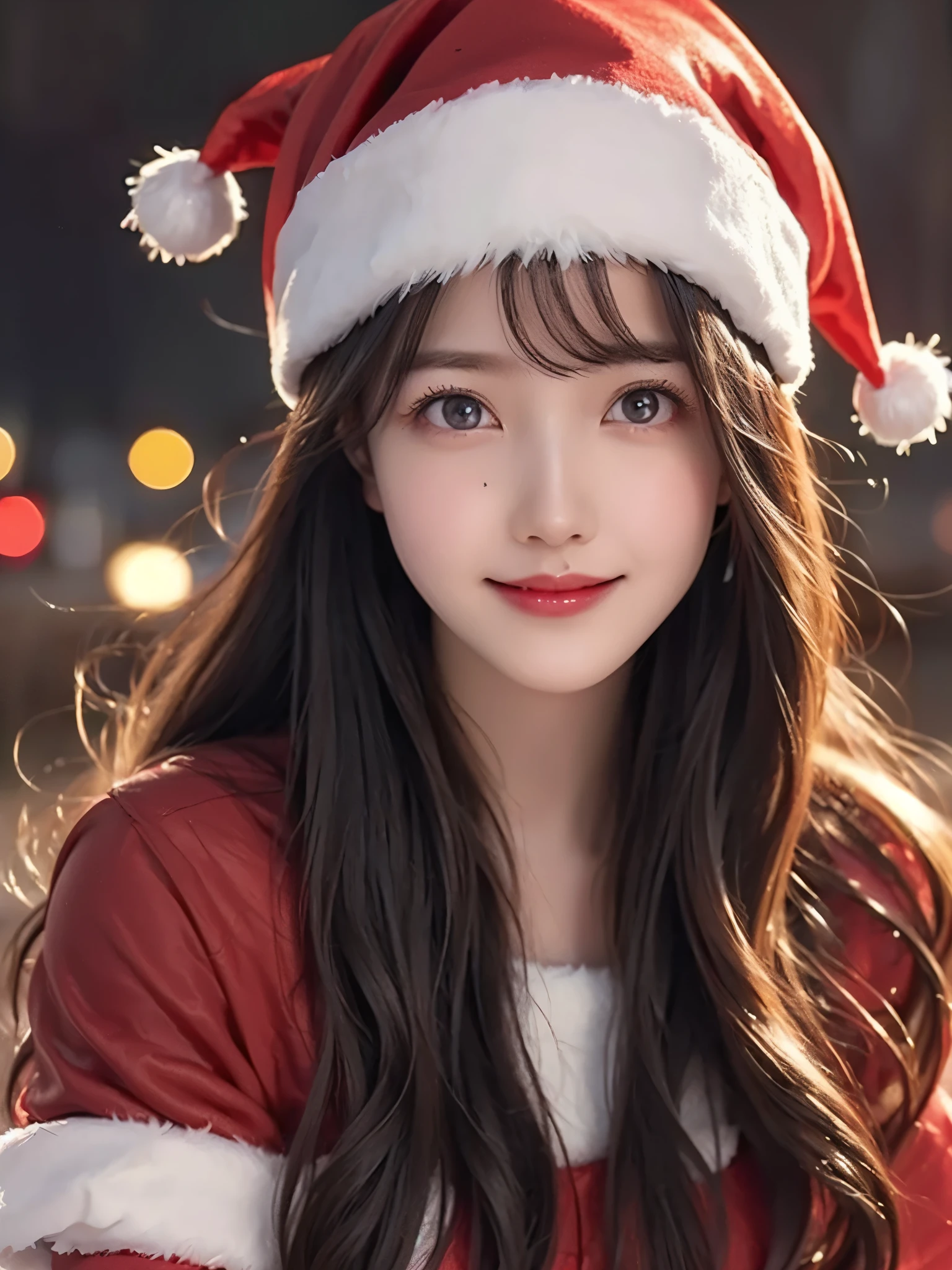 top quality、 super high resolution 、(Photographically: 1.4)、 beautiful eyes、 very beautiful 、 shiny hair 、Thin hair、 Merry Christmas 、 Christmas tree、smile、(( red Santa Claus costume 、Santa hat、Forehead))