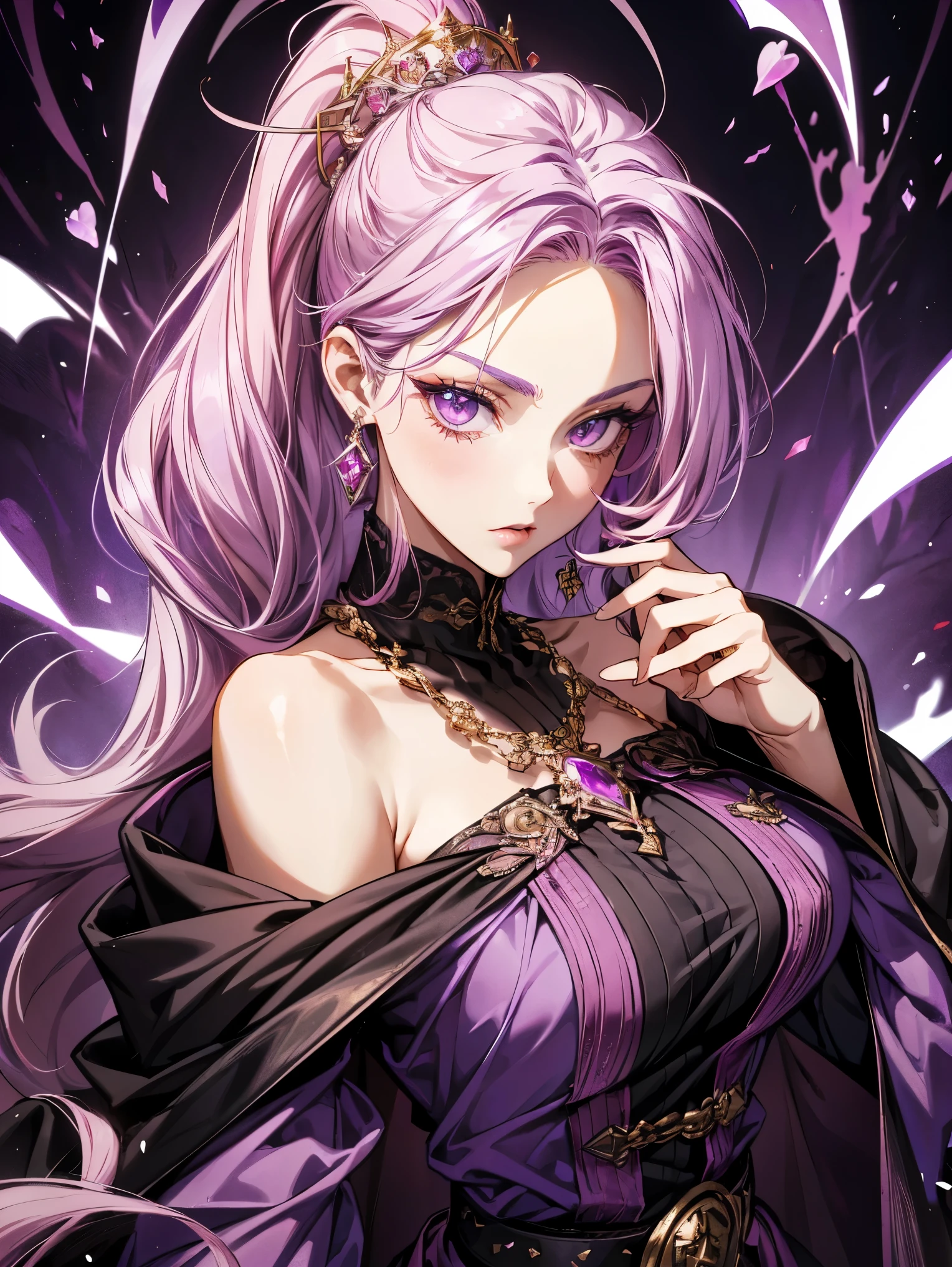 Vampire Queen Small Breast Combat Dress ( Radiant Royal Cloak: 1.1) Black and Purple Color Sexy Devil Aura Original Character Masterpiece Tempting Purple Eyes (Multicolor High Ponytail 1:1.2) Purple Gemstone Accessories Gold Belt, Gold Necklace, Wind Evil Effect, Soft Moonlight , extremely delicate beautiful eyes, unique crown, (Corruption Tattoo 1;1.25), naughty face, 16k, gorgeous, bare shoulders, cute, petite, solo , stars, stardust, (iridescent hair, colorful hair, half purple and half pink hair: 1.2), (left eye purple and right eye golden), wet body detailed, creative, charming, killing scenario, floating effect, magical, mythic, seducing, attractive, idol, league of legend design, bloody background