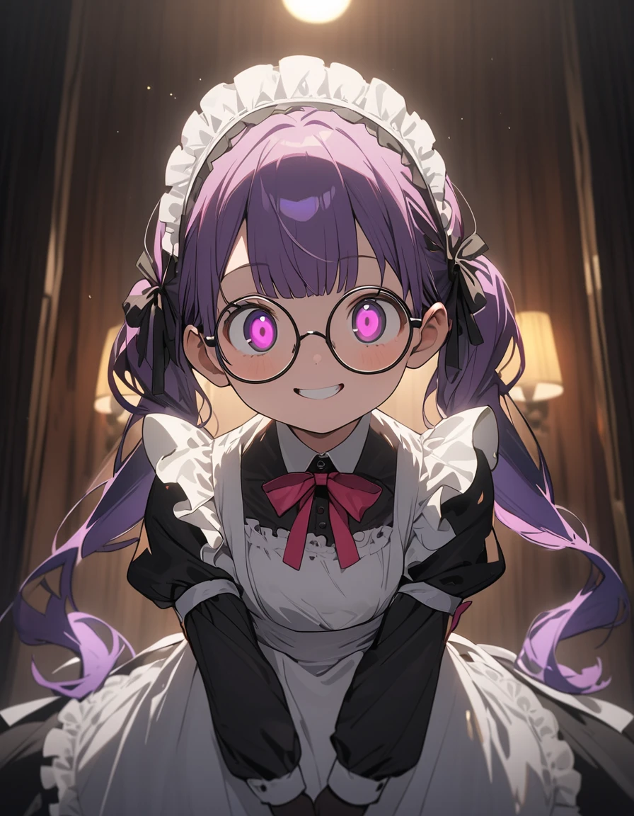 Long purple hair ,  maid wearing clothes , fullbody, round glasses, Front Light ,Cute 2D, Front lighting 、( for a woman with bristles、masterpiece、 high definition 、 Details)、animeスタイル、 flat style 、(Shining Eyes、 Details美しい顔),  1 girl、extremely  Details、(The Shining),  vest lighting,  best shadow、High saturation, anime,  Twin Tails ,  purple hair, pantyhose, violet hair, black gloves, violet eyes, gloves, long sleeves, maid headdress, smile, Round eyes ,  high brightness, perfect hand, Bright face, noon