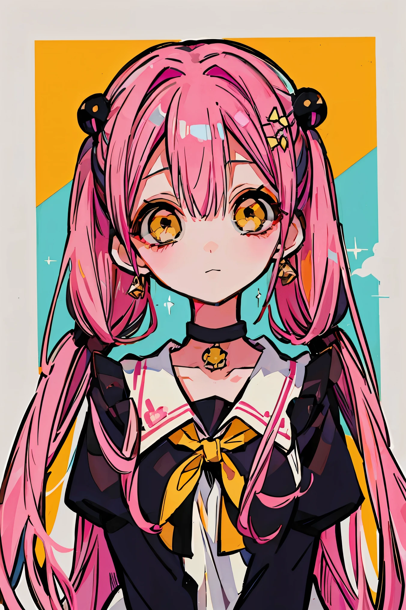 1 girl, yellow eyes, Twintails hair, long hair, pink hair, medium breast, medium ass, Bobby pins, choker, bored facial, earrings