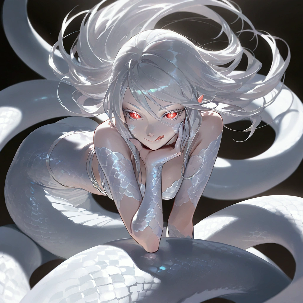 monster girl, lamia goddess, long hair, white hair with black ends, snake tongue, tongue own licking lips, snake eyes, sharp eyes, scales skin, albino white skin, Mother's smile, fantasy, Divine light, (best quality,4k,8k,highres,masterpiece:1.2),ultra-detailed,intricate details, high fashion, dramatic lighting, warm colors, chiaroscuro