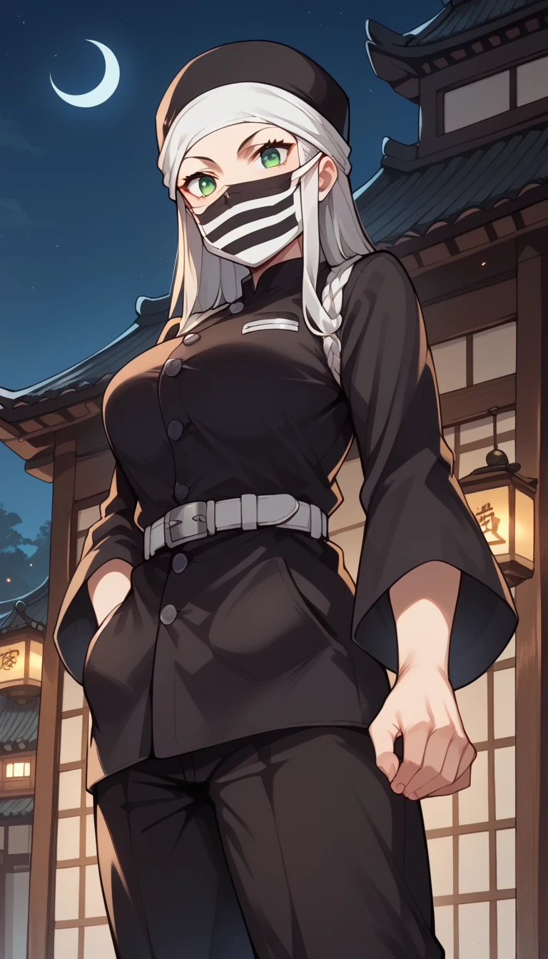 score_9,score_8_up,score_7_up,score_6_up,  source_Anime, zPDXL3,  girl,  dynamic pose,  putting hands in pockets ,  green eyes,  black uniform,  Black Headwear ,  white headband, striped face mask,  Long Sleeve , White Belt,  black pants ,  East Asian architecture , moonlight, Night Sky, Big Breasts 